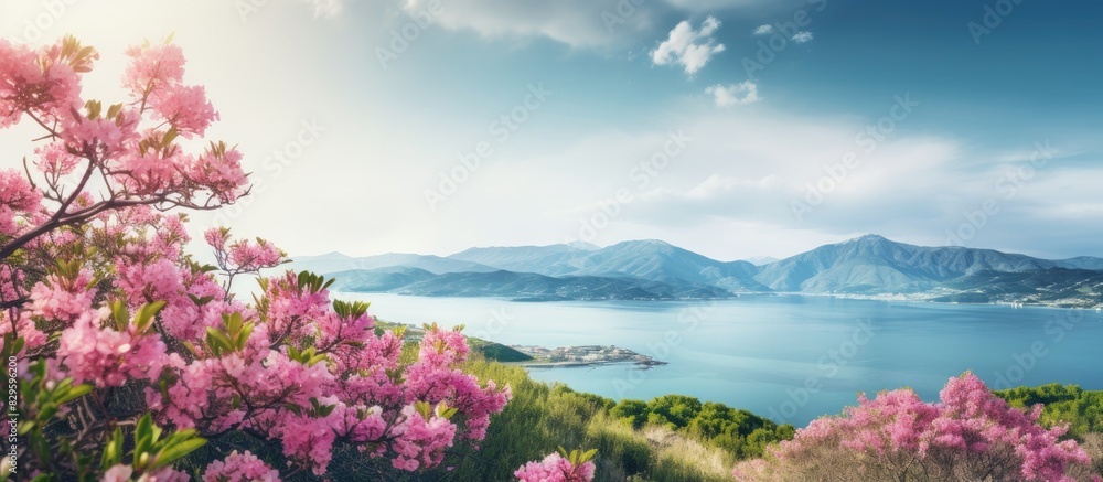 Naklejka premium Scenic coastal landscape with blooming pink flowers mountains and ocean view ideal for a copy space image