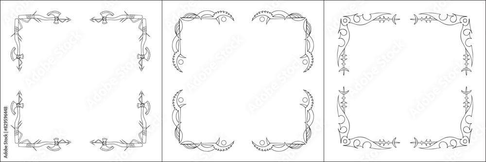 Set of three frames. Elegant black and white frame with Scandinavian ornament, decorative border, corners, isolated vector illustration.	