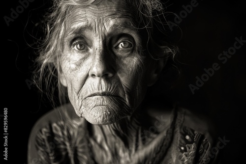 Portrait of a Senior Woman with a Wrinkled Face, Her Eyes Reflecting Wisdom and Loneliness Amidst a Life of Poverty and Struggle
