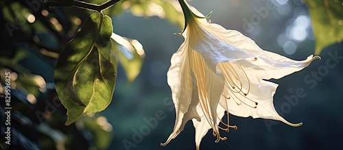A stunning large datura flower hanging gracefully from a tree creating a picturesque scene with copy space image