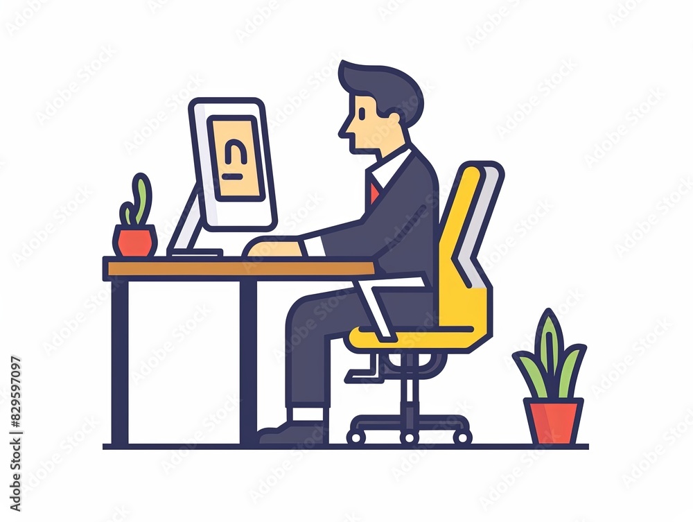 A man is sitting at a desk with a computer monitor and a plant A man is sitting at a desk with a computer monitor and a plant
