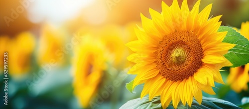 Gorgeous vibrant yellow sunflower blooming in garden with copy space image