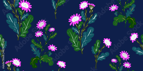 Stylized chamomile flowers, floral pattern. Vector overlapping seamless pattern