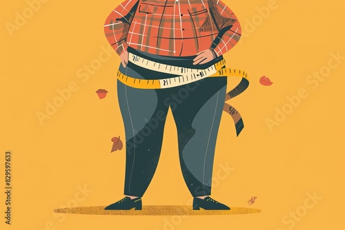 A man is measuring his waist with a tape measure wrapped around it