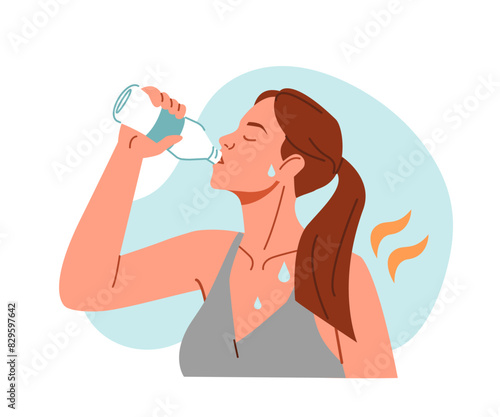 
Woman suffering from heat, sweating and drinking fresh water from bottle to prevent dehydration on hot summer day. Hydration concept. Vector illustration.