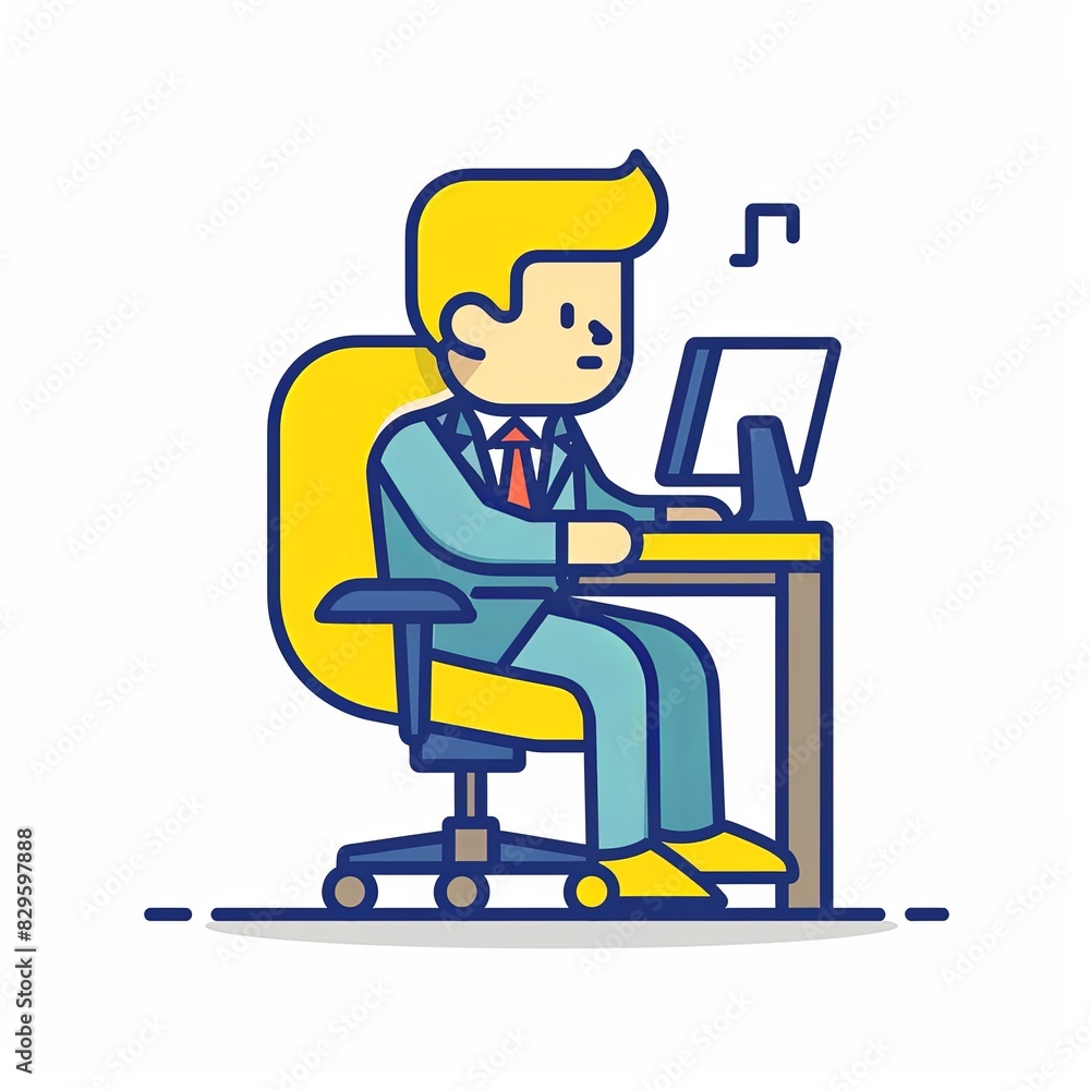 A man in a suit is sitting at a desk with a computer monitor in front of him