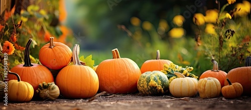 Autumn setting with petite pumpkins in a garden perfect for a copy space image photo
