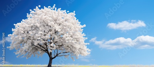 Cherry tree in bloom captured with blue sky in the background creating a scenic image with copy space