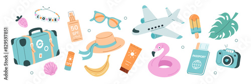 Summer stickers set. Tropical vacation on beach scrapbooking collection. Plane, ticket, sunscreen and other travel elements. Modern cartoon concept. Vector illustration. photo