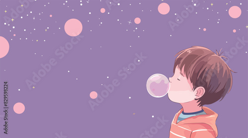 Boy blowing bubble gum on purple background space for © Hassan
