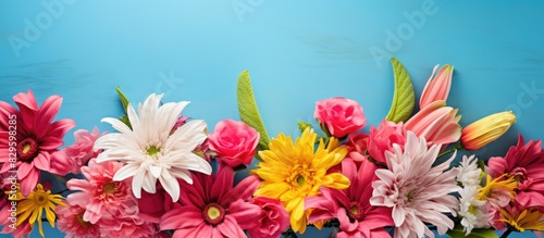 Colorful flower arrangement including pink gerbera daisy yellow easter lily red erica versicolor and pink carnation on a bright blue backdrop in a flat lay style with soft lighting ideal for copy spac photo