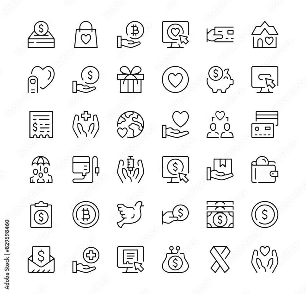 Charity icons set. Vector line icons. Black outline stroke symbols Charity icons set. Vector line icons. Black outline stroke symbols