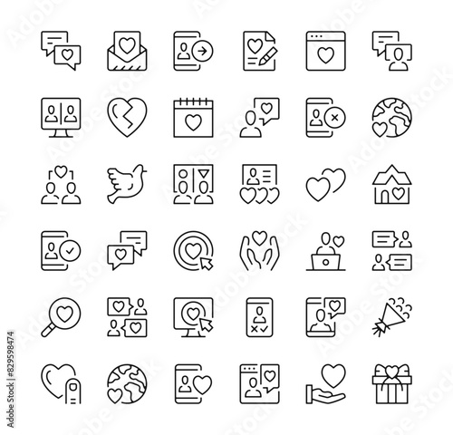 Online dating icons set. Vector line icons. Black outline stroke symbols