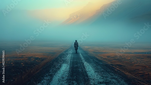 A lone figure walking along a deserted road, their silhouette stretching out behind them in the fading light. photo