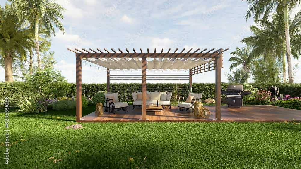 3D illustration clip of a luxury wooden teak deck with bbq grill and ...