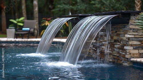 A pool with a floating waterfall feature  creating a gentle cascade into the water