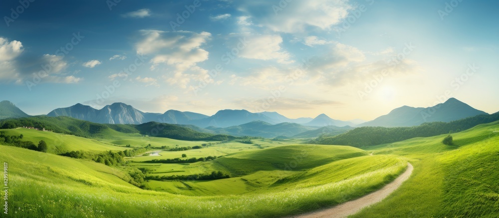 Panoramic rural landscape with a beautiful summer mountain backdrop featuring a lush green field a meandering dirt road and a sunset cloudy sky with copy space image Panoramic rural landscape with a beautiful summer mountain backdrop featuring a lush green field a meandering dirt road and a sunset cloudy sky with copy space image