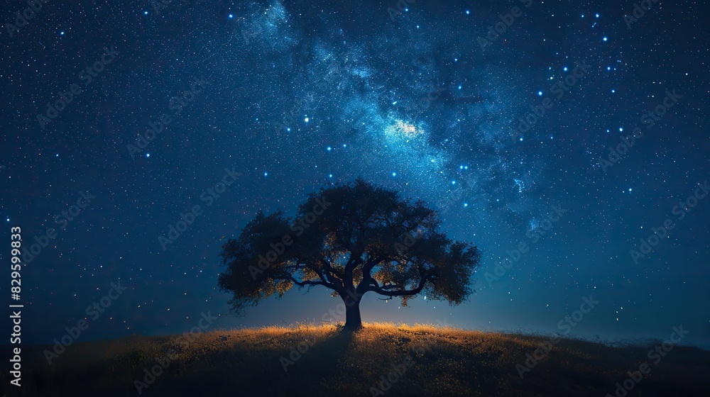 A lone tree on a hill, with the stars twinkling in the sky above, casting its silhouette against the night. A lone tree on a hill, with the stars twinkling in the sky above, casting its silhouette against the night.