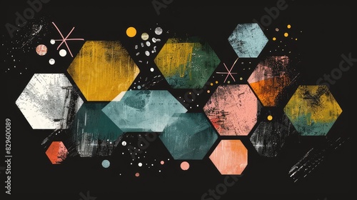 Retro Color Tones In Abstract Design With Dynamic Brush Strokes And Pentagon Shapes Grainy Texture Simple Designs