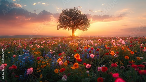 A lone tree standing in a field of wildflowers, its silhouette a stark contrast against the vibrant colors below. photo