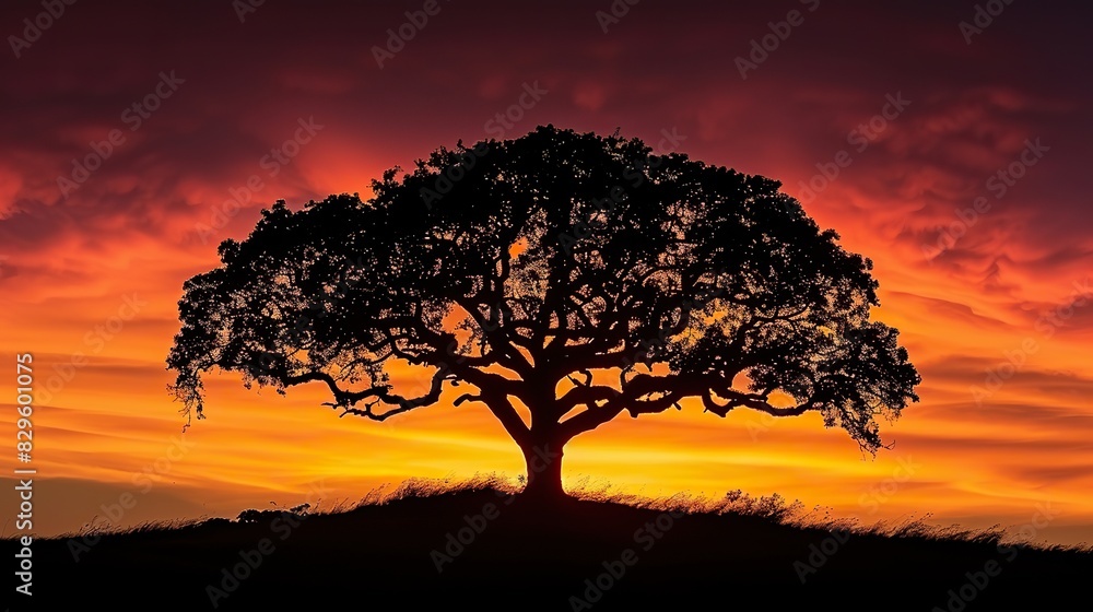 A solitary tree against a fiery sunset, its branches reaching out like dark tendrils. A solitary tree against a fiery sunset, its branches reaching out like dark tendrils.