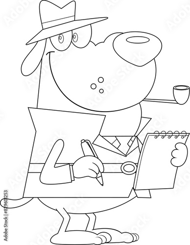 Outlined Detective Dog Cartoon Character Making Notes. Vector Hand Drawn Illustration Isolated On Transparent Background