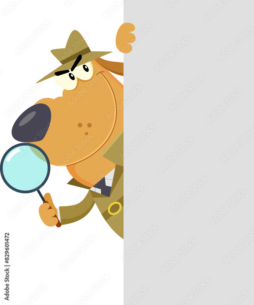 Obraz premium Detective Dog Cartoon Character With Magnifying Glass Peeking Out Corner. Vector Illustration Flat Design Isolated On Transparent Background