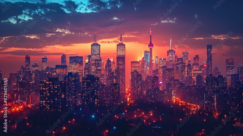 The silhouette of a city skyline, with towering buildings outlined against the glow of streetlights.