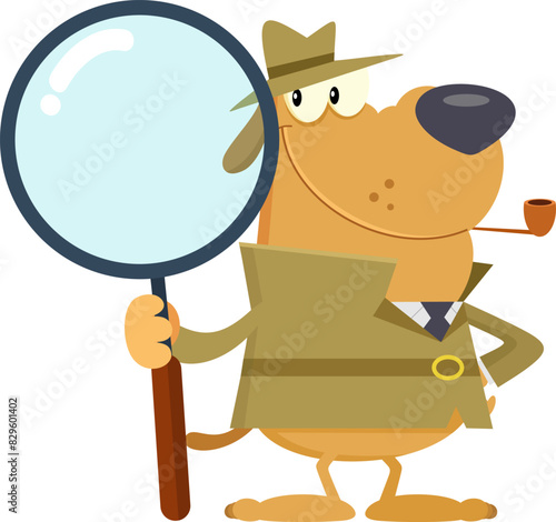 Detective Dog Cartoon Character Holding A Big Magnifying Glass. Vector Illustration Flat Design Isolated On Transparent Background