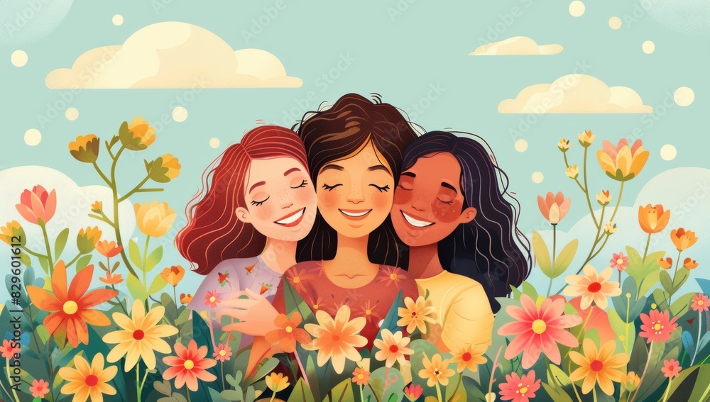 Whimsical and cheerful illustration of three friends embracing in a flower field, capturing the essence of friendship, happiness, and nature's beauty Whimsical and cheerful illustration of three friends embracing in a flower field, capturing the essence of friendship, happiness, and nature's beauty