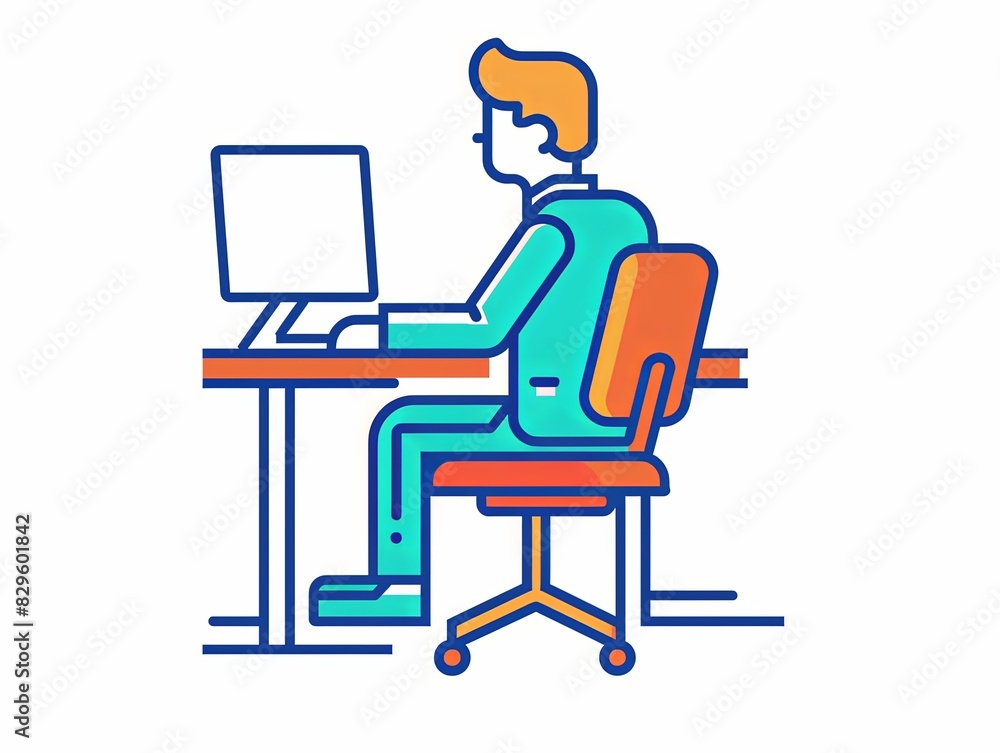 A man is sitting at a desk with a computer and a chair A man is sitting at a desk with a computer and a chair
