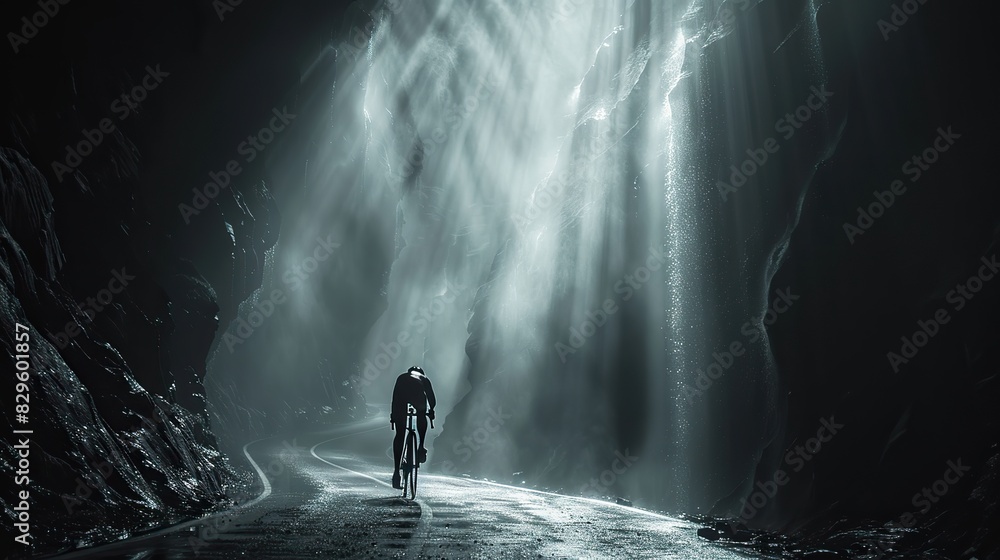Obraz premium The silhouette of a cyclist pedaling along a winding road, their form outlined by the glow of streetlights.