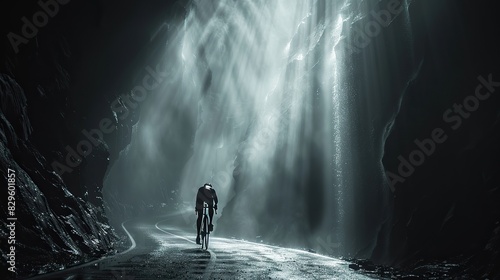 The silhouette of a cyclist pedaling along a winding road, their form outlined by the glow of streetlights.
