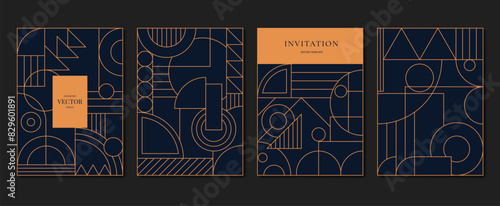 Geometric line pattern cover design vector. Set invitation card of abstract geometric line art design on dark blue background. Use for wedding invitation, cover, VIP card, print, gala, wallpaper.