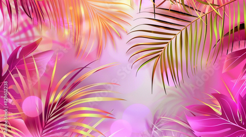 Tropical and palm leaves background. Vibrant pink and golden gradient colors. Modern illustration.