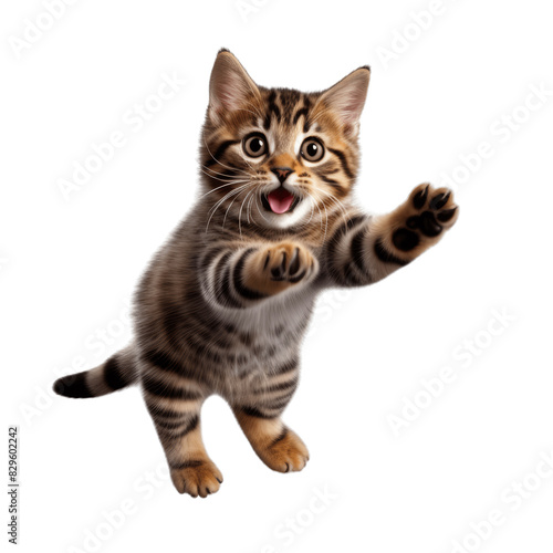 Close up of cute funny surprised kitten jumping toward the camera, isolated on transparent background.