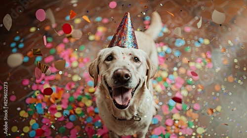 Joyful Pooch: Party Hat Pup in Confetti Bliss