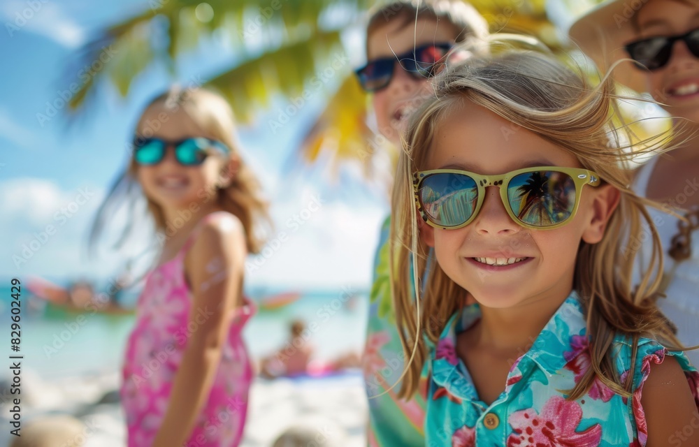 Children captured in a playful moment with a blur effect; tropical beach and palm trees visible Children captured in a playful moment with a blur effect; tropical beach and palm trees visible