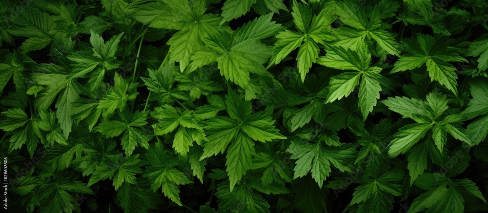 Top view of a bush of stinging nettles with nettle leaves creating a botanical pattern of greenery in the image with copy space Top view of a bush of stinging nettles with nettle leaves creating a botanical pattern of greenery in the image with copy space