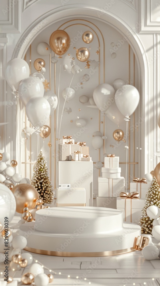 3D sale setup, white metallic podium, assorted gifts, festive balloons, shopping bags, credit card, geometric design. 3D sale setup, white metallic podium, assorted gifts, festive balloons, shopping bags, credit card, geometric design.