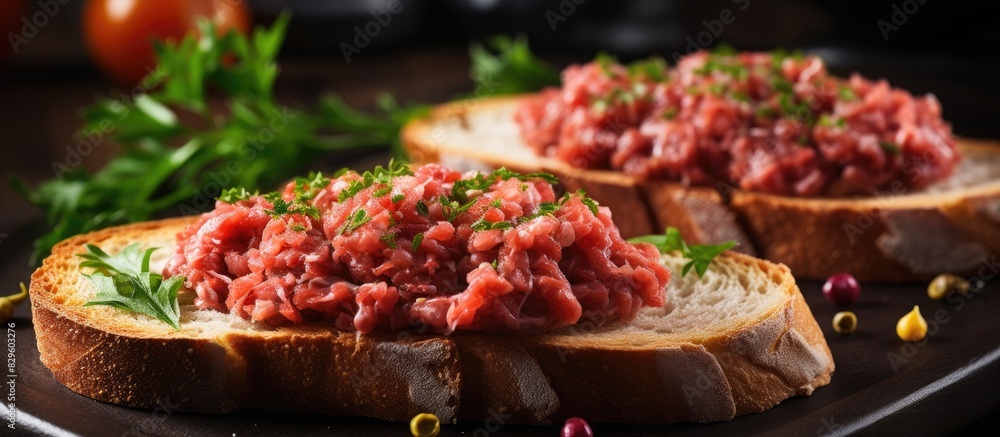 Obraz premium Beef tartare on toast bread served in restaurant. Copy space image. Place for adding text and design