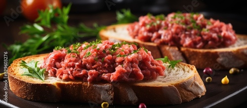 Beef tartare on toast bread served in restaurant. Copy space image. Place for adding text and design photo