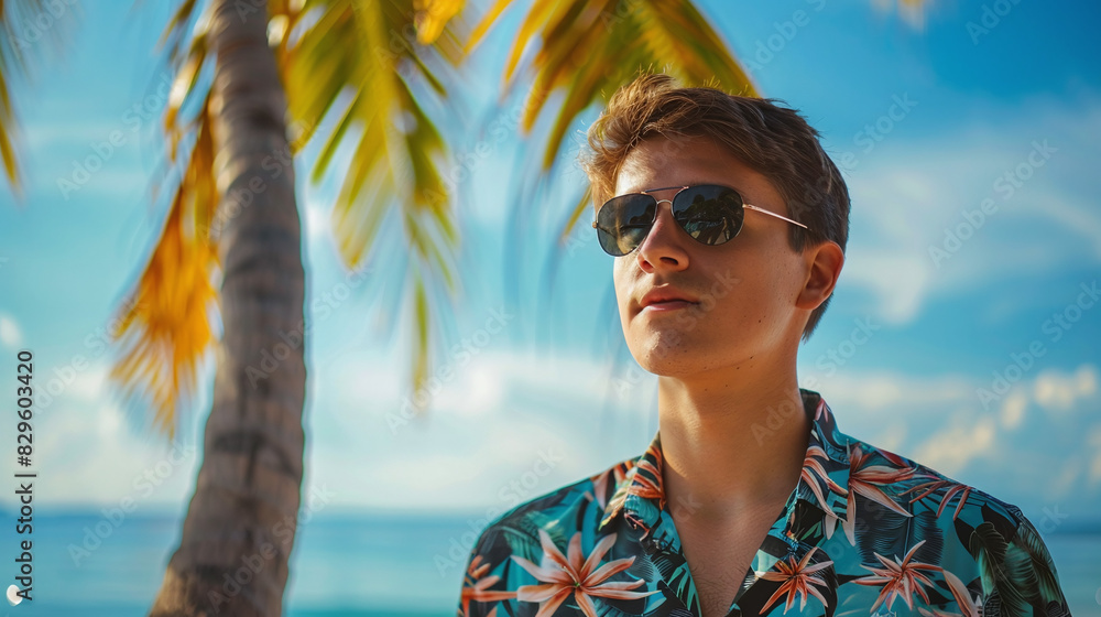 Man in Hawaiian shirt and sunglasses near palm trees on tropical island Man in Hawaiian shirt and sunglasses near palm trees on tropical island