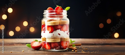 Strawberry dessert in a jar with cream biscuits and a visually appealing presentation for a copy space image photo