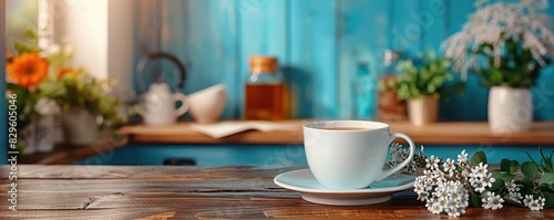A cup of coffee sits on a wooden table with flowers in the background. photo