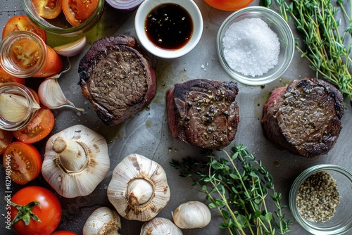 Three pieces of meat are on a table with a variety of vegetables and herbs. The vegetables include tomatoes  garlic  and thyme. The table is set up for a meal