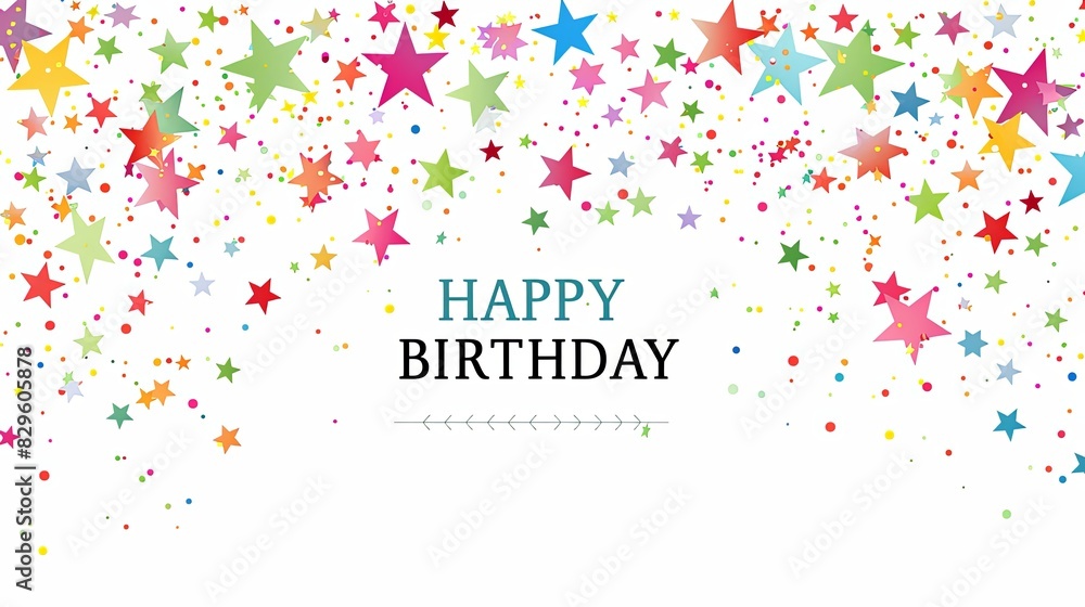 Happy Birthday banner with colorful stars and confetti on white background Happy Birthday banner with colorful stars and confetti on white background