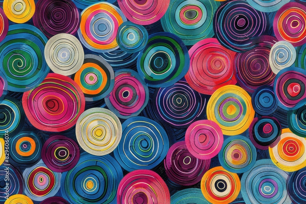 Fototapeta premium A colorful painting of many different colored circles. The circles are of various sizes and colors, and they are arranged in a way that creates a sense of movement and energy. The painting is abstract