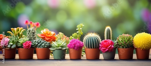 A vibrant array of mini potted cacti with bright flowers and decorations set in shallow focus for captivating copy space image photo