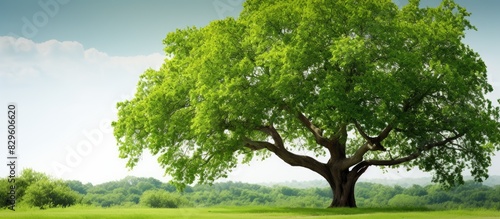 A large tree with lush green leaves in spring set against a natural backdrop with room for text or other images known as a copy space image